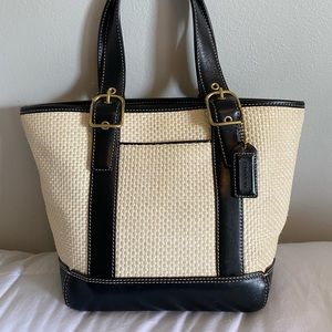 Coach Cream Straw with Black Leather Tote